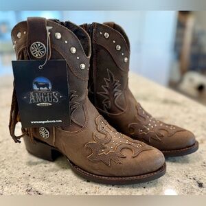 ANGUS Genuine Leather Fringe & Concho Western Ankle Cowboy Boots NWT